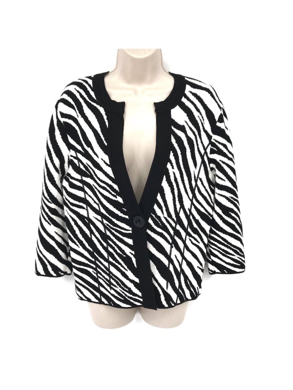 Jones New York Black White Zebra Print Button Front Knit Cardigan Sweater L